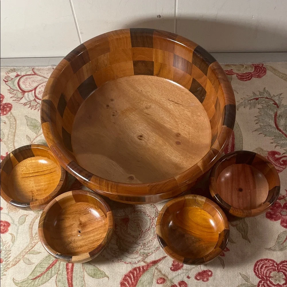 Wooden Checkered Handmade Salad Bowl 5 Piece Set